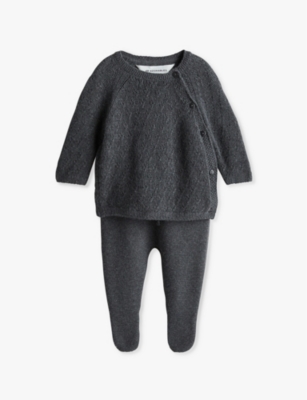 H&m Adorables Kids' Round-neck Drawstring-waistband Two-piece Cashmere-blend Set 0-6 M In Grey