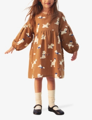 H&M ADORABLES BROWN AUGUSTI DOG-PRINT ORGANIC-COTTON DRESS 2-10 Y 