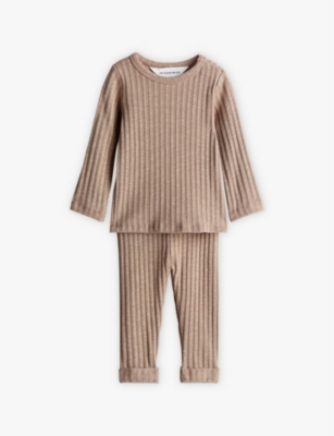 H&m Adorables Beige Riley Ribbed Two-piece Organic-cotton Blend Stretch-jersey Set 4 Months - 3 Year In Beige