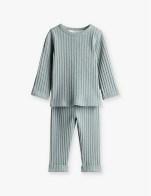 H&m Adorables Kids' Riley Ribbed Two-piece Organic-cotton Blend Stretch-jersey Set 4 Months - 3 Year In Turquoise