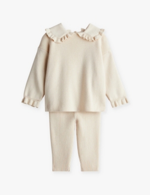 H&m Adorables Kids' Frill-collar Rib-knit Two-piece Cotton Set  4 Months-3 Year In White