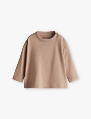 H&m Adorables Kids' Round-neck Long-sleeve Organic-cotton T-shirt 4 Months-3 Year In Beige