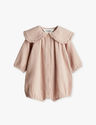 H&m Adorables Babies' Frill-collar Raglan-sleeve Cotton-muslin Romper 4 Months-3 Year In Beige