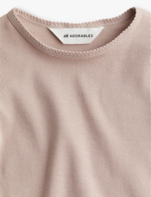 H&M ADORABLES BEIGE RIBBED LONG-SLEEVE COTTON-JERSEY T-SHIRT 2-10 