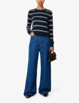 Reformation Dana Crewneck Cashmere Sweater In Navy Parmesan Stripe