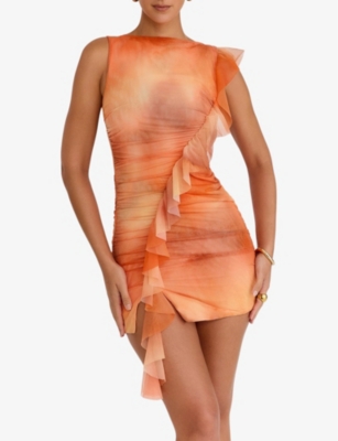 MISTRESS ROCKS WOMENS BUTTERSCOTCH CUT-OUT HALTER-NECK OMBRE STRETCH-MESH MINI DRESS 