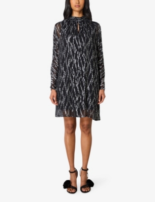 RO&ZO WOMENS RO&ZO LONG-SLEEVED METALLIC-PATTERN WOVEN MINI DRESS 