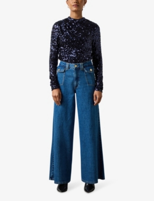 Ro&zo Womens Blue High-neck Long-sleeve Sequin Top In Blue