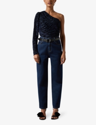 RO&ZO: Asymmetric-neckline puff-sleeve stretch-woven top