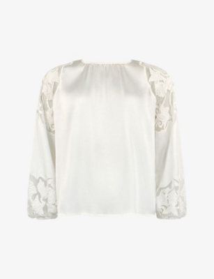 RO&ZO WOMENS IVORY LACE-INSERT LONG-SLEEVED SATIN BLOUSE 