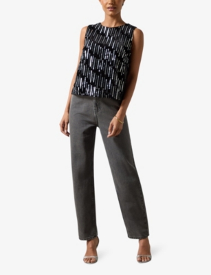 Ro&zo Womens Round-neck Sequin-embellished Stretch-woven Top Black In Black
