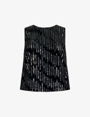 Ro&zo Womens Round-neck Sequin-embellished Stretch-woven Top Black In Black