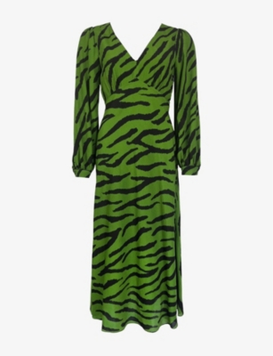 RO&ZO WOMENS RO&ZO V-NECK ZEBRA-PRINT WOVEN MIDI DRESS 