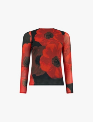 Ro&zo Womens Floral-placement Printed Mesh Top Red