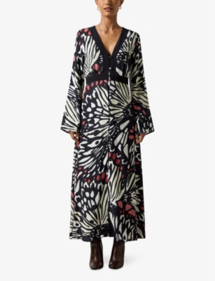 RO&ZO: Butterfly-print V-neck satin maxi dress