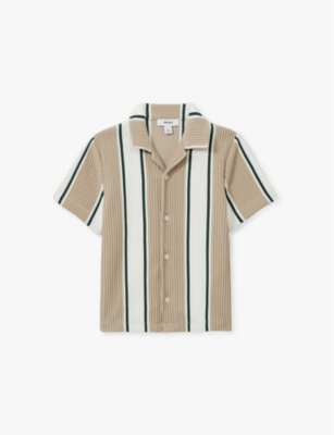 Reiss Kids' Camel Off White  Forest Alton Stripe Ribbed Shirt 4-12 Y