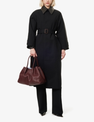 BOTTEGA VENETA WOMENS BLACK INTRECCIATO-COLLAR BELTED STRETCH-COTTON TRENCH COAT