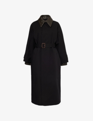 BOTTEGA VENETA WOMENS BLACK INTRECCIATO-COLLAR BELTED STRETCH-COTTON TRENCH COAT