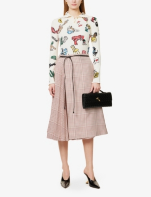 Bottega Veneta Womens Check-print Pleated Woven-blend Midi Skirt Pearl Abyss Scarlet In Pearl Abyss Scarlet