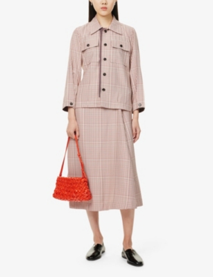 Bottega Veneta Womens Pearl Abyss Scarlet Check-print Buttoned-pockets Woven-blend Shirt In Pearl Abyss Scarlet