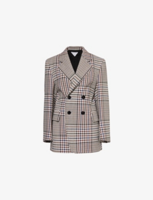 Shop Bottega Veneta Womens Pollen Brown Navy Structured Check-pattern Cotton-blend Jacket