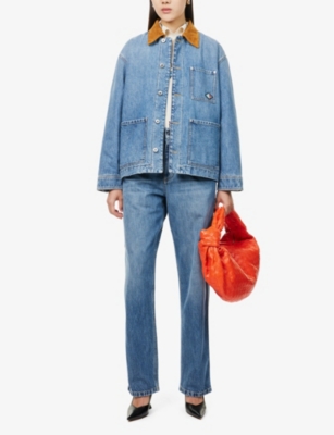 Bottega Veneta Blue Jacket With Suede Collar And Logo Patch In Denim Woman In Mid Blue