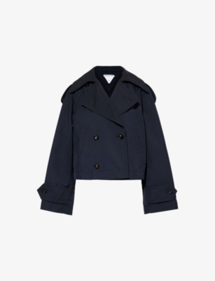 Bottega Veneta Womens  Crop Double-breasted Relaxed-fit Woven-blend Jacket In Midnight Blue Black