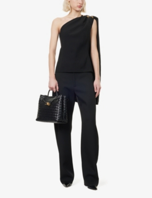 BOTTEGA VENETA WOMENS BLACK KNOT-HARDWARE ASYMMETRIC CREPE WOOL-BLEND TOP