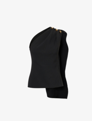 BOTTEGA VENETA WOMENS BLACK KNOT-HARDWARE ASYMMETRIC CREPE WOOL-BLEND TOP