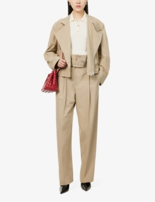 Bottega Veneta Womens  Belted Two-slip-pockets Straight-leg High-rise Cotton-blend Trousers In Sand
