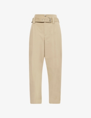 Bottega Veneta Womens  Belted Two-slip-pockets Straight-leg High-rise Cotton-blend Trousers In Sand