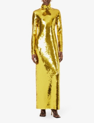 BOTTEGA VENETA WOMENS GOLD HIGH-NECK SEQUIN-EMBELLISHED WOVEN MAXI DRESS 