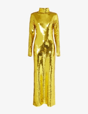 Bottega Veneta Womens High-neck Sequin-embellished Woven Maxi Dress Gold In Gold