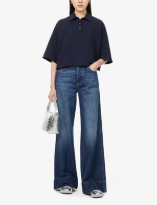 Shop Bottega Veneta Womens Crop Short-sleeves Cotton-piqué Polo Shirt Abyss Melange