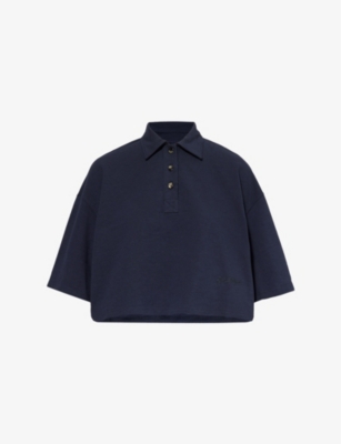 Shop Bottega Veneta Womens Crop Short-sleeves Cotton-piqué Polo Shirt Abyss Melange