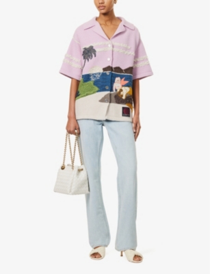 Bottega Veneta Womens Pale Pink Multicolor Graphic-intarsia Camp-collar Wool Shirt In Pale Pink Multicolor