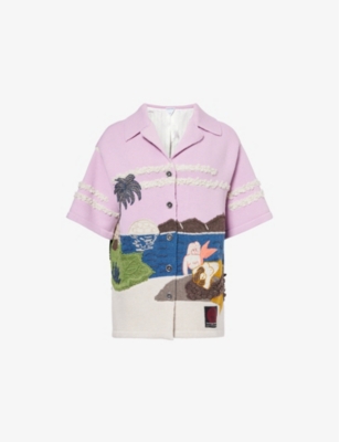 Bottega Veneta Womens Pale Pink Multicolor Graphic-intarsia Camp-collar Wool Shirt In Pale Pink Multicolor
