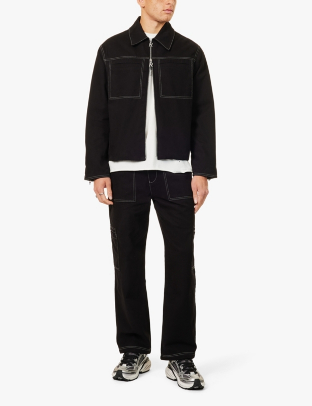 Contrast-stitching spread-collar relaxed-fit cotton jacket