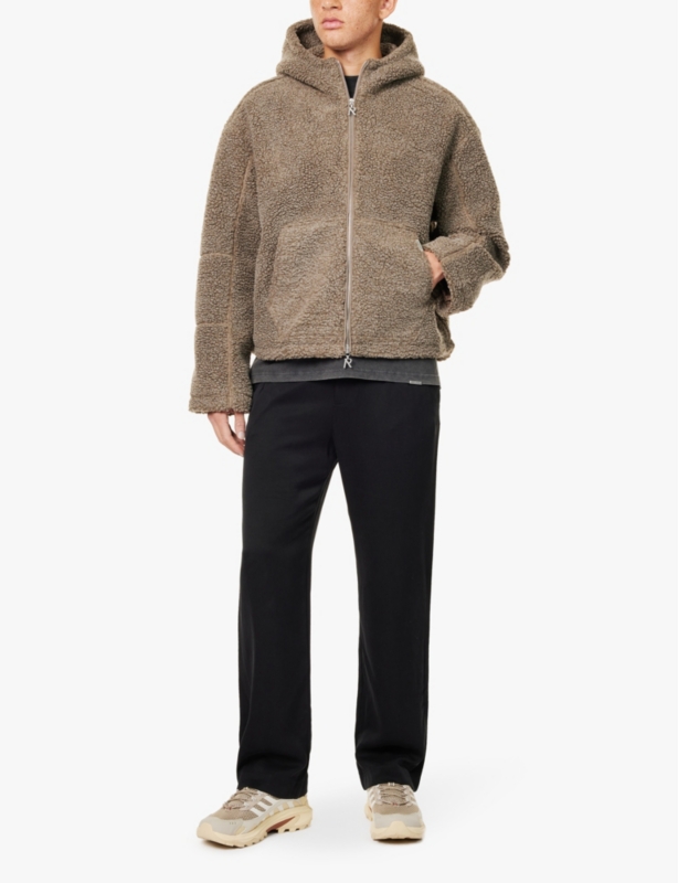 Hooded Fleece two-slip-pockets oversized woven jacket