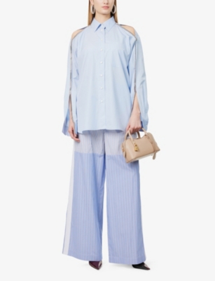 STELLA MCCARTNEY WOMENS MULTICOLOR BLUE STRIPED TWO-SLIP-POCKETS STRAIGHT-LEG HIGH-RISE COTTON-POPLIN TROUSERS