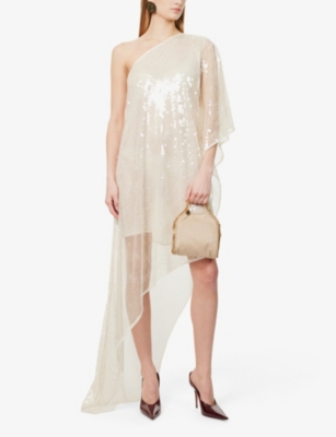 STELLA MCCARTNEY WOMENS CREAM SEQUIN ASYMMETRIC WOVEN-BLEND MIDI DRESS