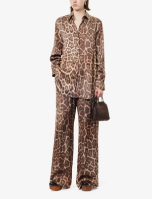 STELLA MCCARTNEY WOMENS MULTICOLOR BROWN LEOPARD-PRINT RELAXED SATIN SHIRT