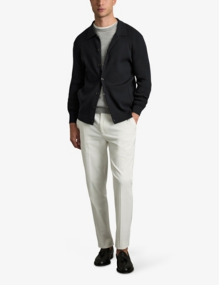 Reiss Mens Navy Saint Polo-collar Long-sleeve Ribbed Knitted Cardigan In Navy