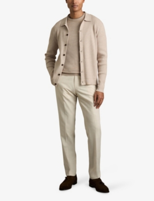 Reiss Mens Oatmeal Melange Saint Polo-collar Long-sleeve Ribbed Knitted Cardigan In Oatmeal Melange