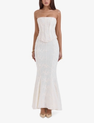 HOUSE OF CB: Veronica embroidered godet cotton maxi skirt