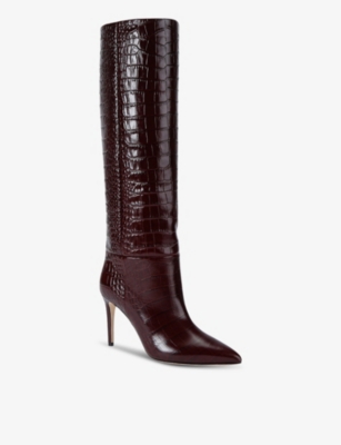Paris Texas Dark Bordeaux High Boots With Stiletto Heel In Croco Embossed Leather Woman In Wine