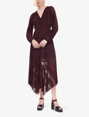 THE KOOPLES WOMENS BURGUNDY ASYMMETRIC-HEM PLEATED WOVEN MAXI DRESS XS