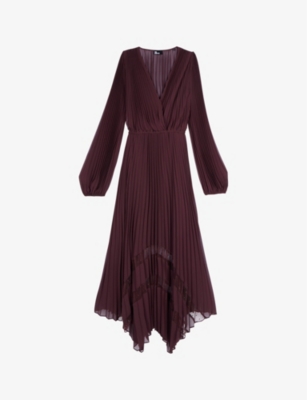 Shop The Kooples Womens Asymmetric-hem Pleated Woven Maxi Dress Burgundy