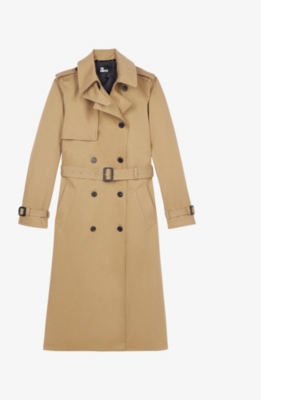 The Kooples Womens  Double-breasted Long Cotton Trench Coat In Beige