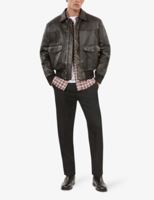 The Kooples Mens Dark Brown Flap-pocket Oversized-fit Leather Jacket In Dark Brown